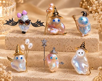 Colgante de fantasma barroco de perlas hecho a mano, amuleto de bruja, joyería de Halloween