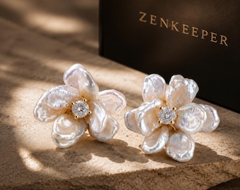 Pendientes de perlas barrocas naturales con forma de flor / Joyería floral de perlas hecha a mano, regalo nupcial