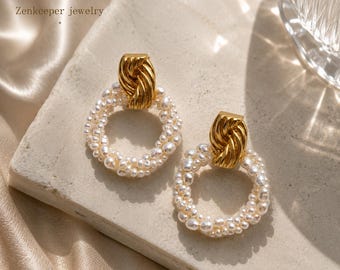 Pendientes de perlas de agua dulce hechos a mano, colgantes con cuentas de oro de 18 quilates, estilo vintage francés.