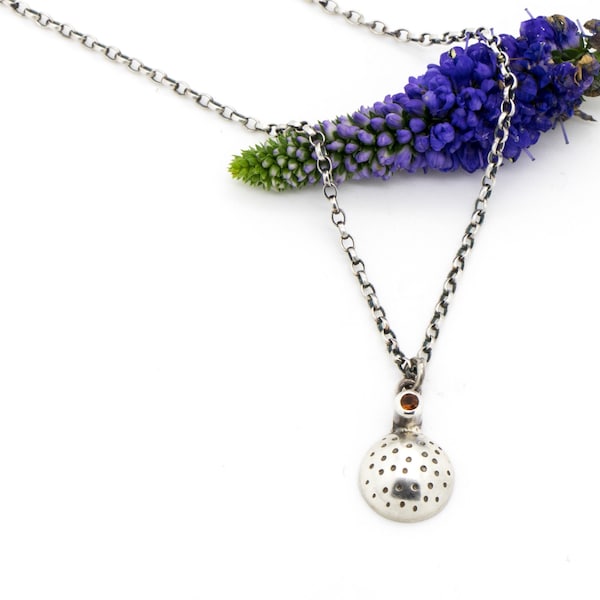 Half Orb Dotty Pendant Necklace with Garnet Gemstone
