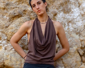 Open Back Draped Top - Organic Hemp Summer Blouse - Sexy Boho Wrap Shirt - Nomadic Festival Wear