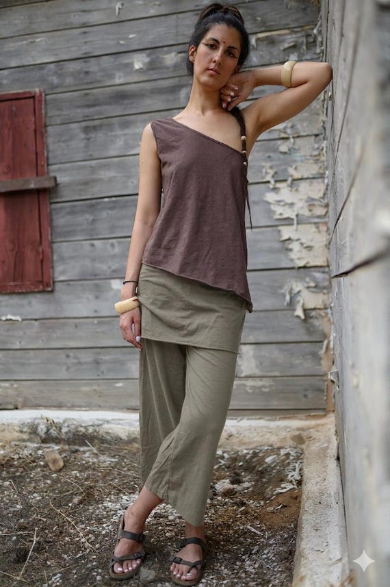 Hemp Skirted Pants - Organic Cotton Wide Leg Palazzo Trousers - Boho Nomadic Yoga Clothing - Flowy Harem Pants - Earthy Sustainable Bottoms