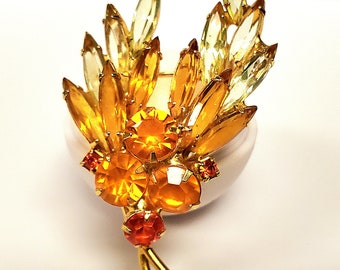 Juliana Verified Navette Rhinestone Brooch Amber Gold Wheat Spray MCM Vintage Pin