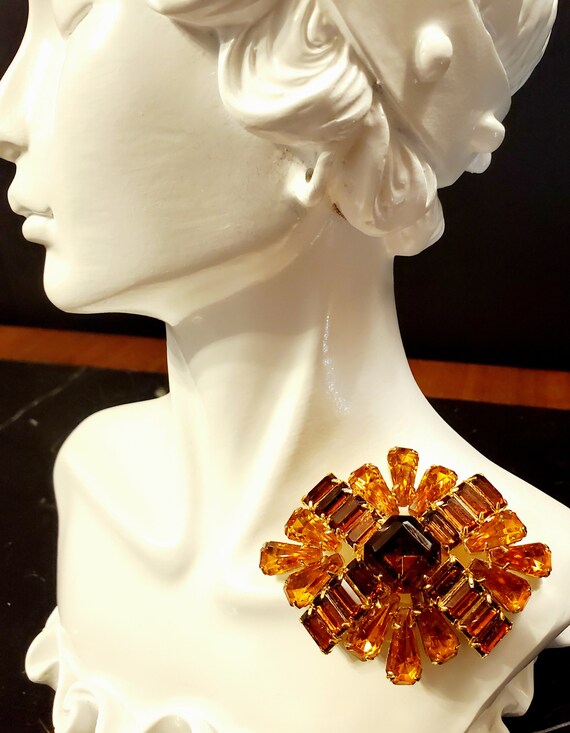 Vintage Large Weiss Art Deco Amber Baguettes Rhin… - image 3