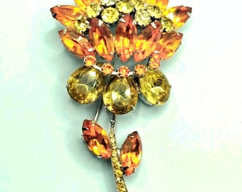Juliana Rhinestone Flower Brooch Autumn Citrine & Amber Color Chrysanthemum Pin