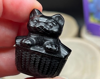 Black Cat in Basket Obsidian Gemstone Figurine cute cat carving