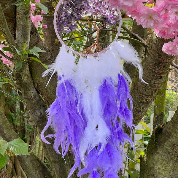 Wunderschöner Amethyst Traumfänger „Baum des Lebens“ - crystal amethyst dream catcher - tree of life