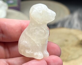 Cute moonstone crystal dog - dog figurine - blue flash - dog crystal carving moon stone