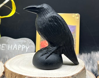 Schöne schwarze Obsidian Edelstein Kristall Figur Rabe Krähe - black obsidian crystal raven crow bird carving altar witch morrigan odin