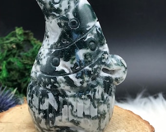 Lindo 246g gnomo de cristal de ágata de musgo gnomo enano - figura de troll de gnomo enano tallado de cristal de ágata de musgo druzy