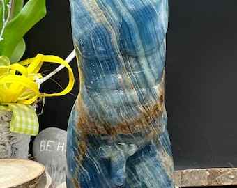 Fantástico torso de cuerpo de hombre de cristal de ónix azul XL de 1 kg Adonis - piedra preciosa - Calcita lemuriana aquatina - cuerpo de cristal de ónix azul