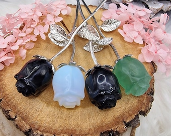 Beautiful crystal roses - gemstone flower - silver obsidian, fluorite and opalite rose with silver-colored stem