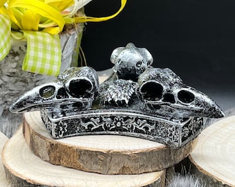 Magic sphere holder raven skull silver-black - altar sphere stand - sphere holder stand raven skull crow witch