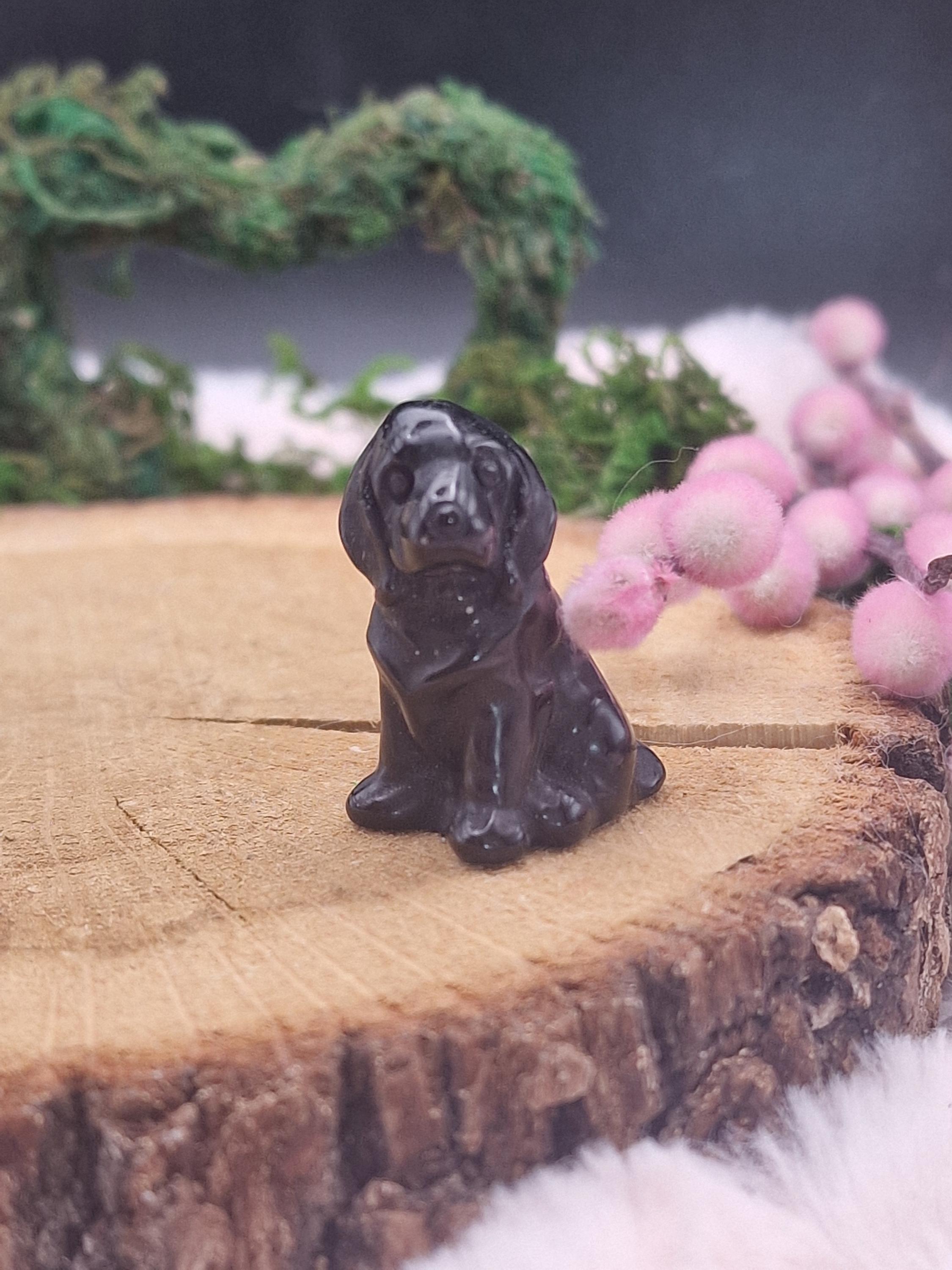 Cute crystal dog made of obsidian - gemstone dog figurine - black obsidian crystal dog carving
