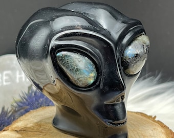 Großer 365g schwarzer Obsidian Alien Kopf Kristall Schädel mit Labradorit Augen - black obsidian alien head crystal skull - labradorite eyes
