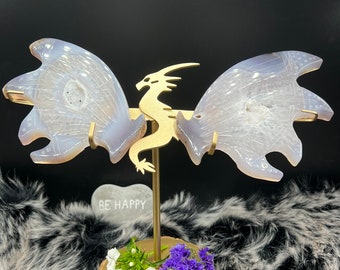 Fantástica figura de ágata de dragón con alas de dragón de cristal - alas de piedras preciosas con soporte - grandes alas de dragón de ágata druzy con soporte