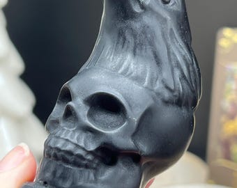 Fantastic black obsidian skull with eagle - figure - crystal - skull - obsidian skull with eagle head