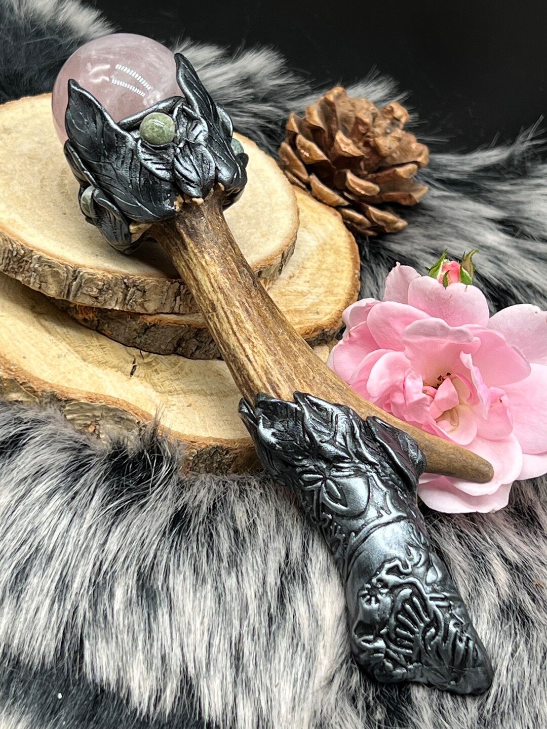 Enchanting Elf Scepter Magic Wand Deer Horn With Rose Quartz Etsy