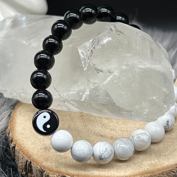 Schönes Yin Yang Armband Obsidian Howlith schwarz weiß 8mm - howlite obsidian yin yang bracelet - Harmonie Balance