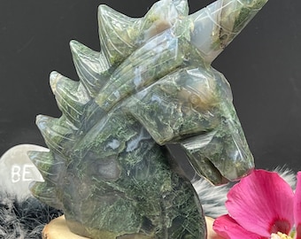 Magisches Moosachat Einhorn XL 495g - Edelstein  Kristall Figur - positive Energie - Reinheit und Mut  - large moss agate unicorn carving