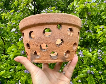 Orchid clay pot with holes, no hanger. Handmade. Aprox. 6” outside diameter