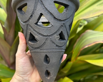 Orchid clay cone/pot with holes, Charred, no hanger. Handmade. Medium See pics for measurements