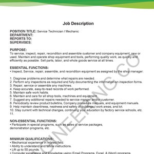 Mechanic job description | Shop Employee Job Description?  PDF Form & word Doc  Digital download