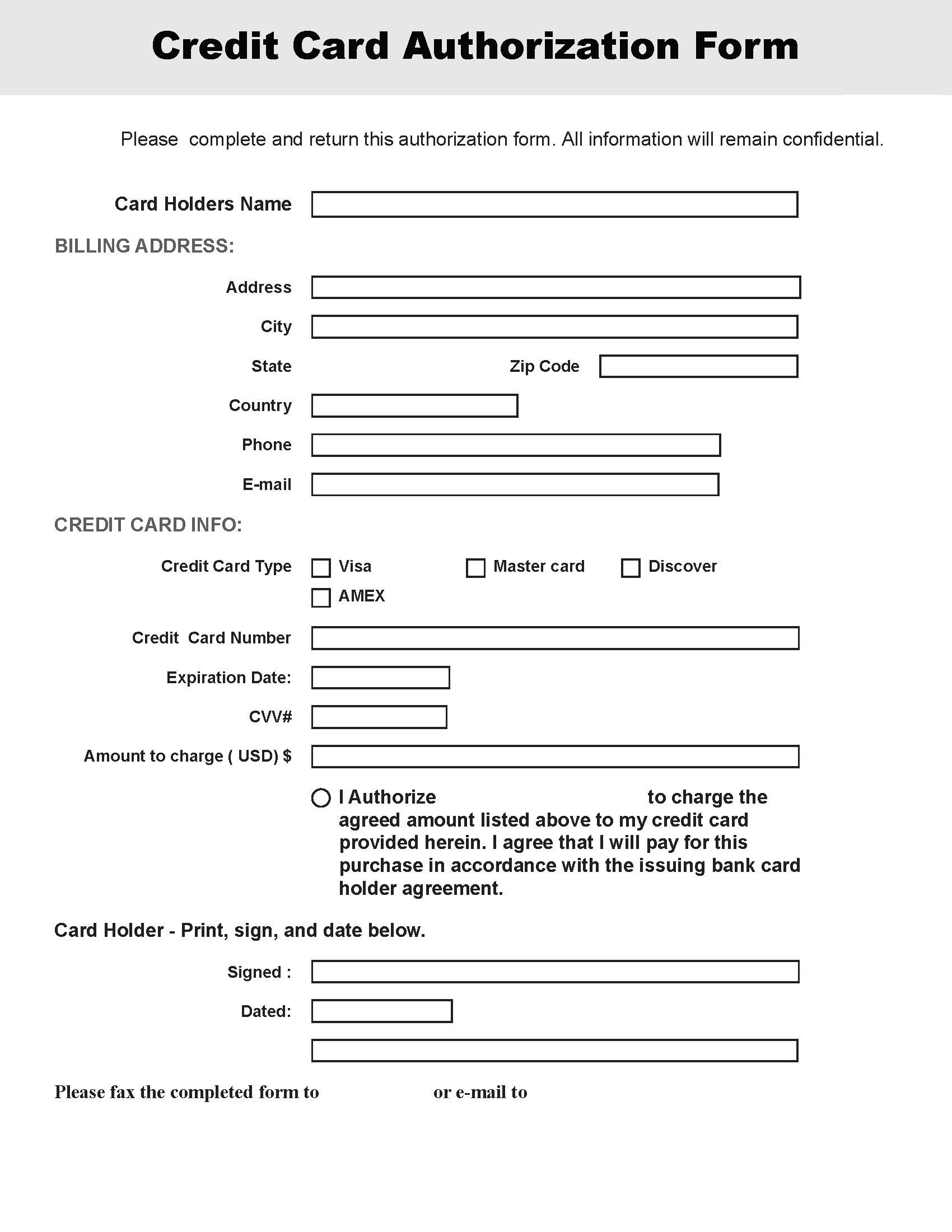 CREDIT CARD Authorization Form  Fill-able PDF  Customer form to approving  credit card charge With Authorization To Charge Credit Card Template