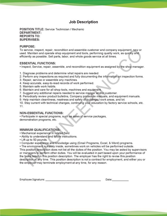 Mechanic Job Description Shop Employee Job Description Pdf Etsy