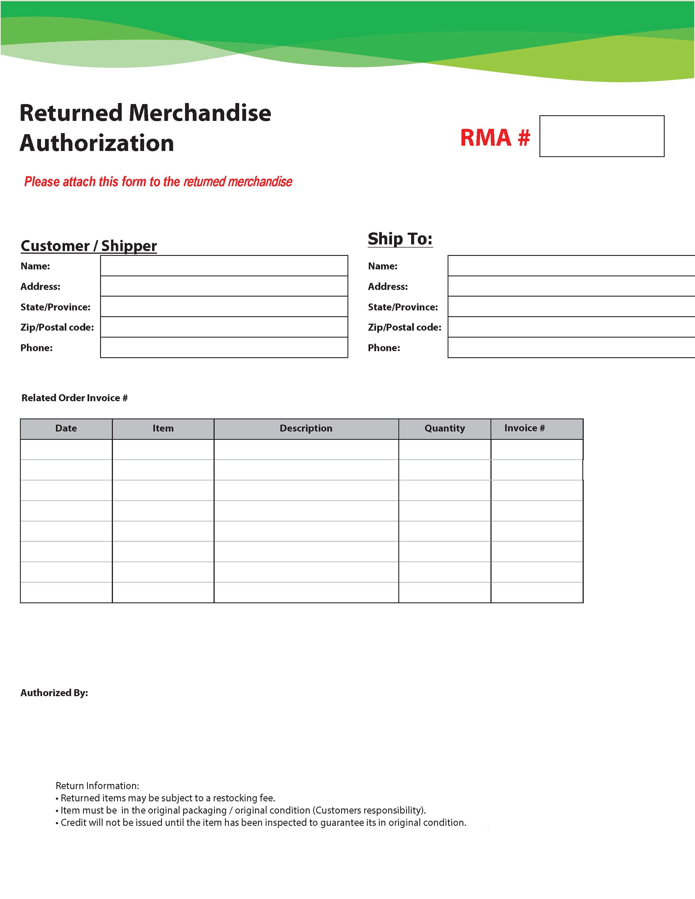 RMA Form Returned Merchandise Authorization Form Fillable PDF Form