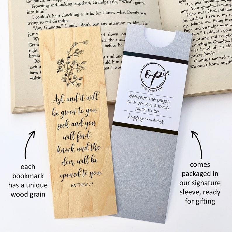 Matthew 7:7 Wood Bookmark Seek and You Will Find Christian Bookmark for Her Women Teen Small Gift Special for Birthday Graduation Event image 2