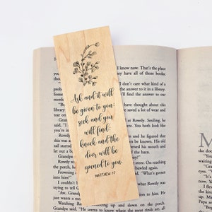 Matthew 7:7 Wood Bookmark Seek and You Will Find Christian Bookmark for Her Women Teen Small Gift Special for Birthday Graduation Event image 1