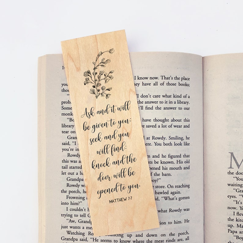 Matthew 7:7 Wood Bookmark Seek and You Will Find Christian Bookmark for Her Women Teen Small Gift Special for Birthday Graduation Event image 1