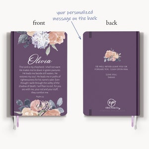 Hardcover Psalm 23 Personalized Journal for Women with Custom Message on Back Unique Gift Idea for Religious Friend Baptism Confirmation Purple