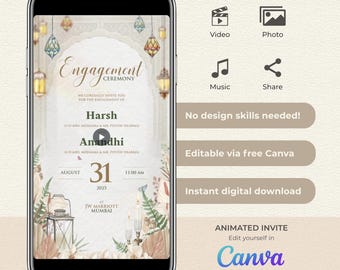 Boho Engagement Video Invitation, Modern Ring Ceremony Invite, Editable Canva Template, Digital Engagement Invitation Download