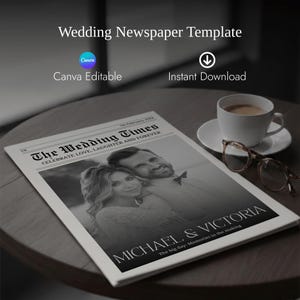 Könnte beinhalten: Ein schwarz-weiß Hochzeitszeitungs-Template mit dem Titel "The Wedding Times" mit den Namen "Michael & Victoria" und dem Text "Celebrate Love, Laughter and Forever." Das Bild zeigt ein Paar, eine Kaffeetasse und eine Brille.