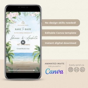 Modèle d'invitation vidéo "Retenez cette date" • Faire-part de mariage sur la plage en toile modifiable • Carte "Retenez cette date" pour mariage numérique à faire soi-même