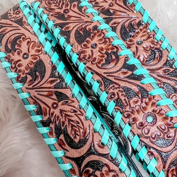 Turquoise Tooled Leather Western style Dog Collar, Show Dog, Farm Dog, Cow Dog, Cattle Dog