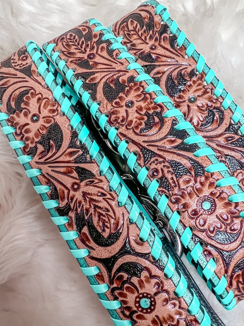 Turquoise Tooled Leather Western style Dog Collar, Show Dog, Farm Dog, Cow Dog, Cattle Dog