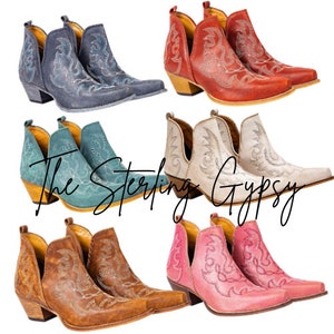 Traditional Western Flame stitched Leather Bootie Ankle Boots Pink White Blue Turquoise Brown & Red Cowgirl Boots image 1