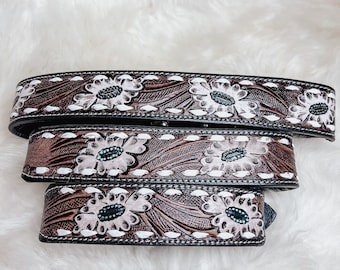 Hand Tooled White whipstitched Daisy Leather Western Dog Collar Cow Dog Farm Dog