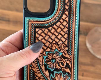 Turquoise Tooled Leather Western Floral iPhone 14  Case