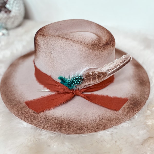 Custom Distressed Burned decorated Charlie 1 Horse Cowgirl Hat Copper Ribbon Turquoise and Natural Feathers photo shoot wedding hat