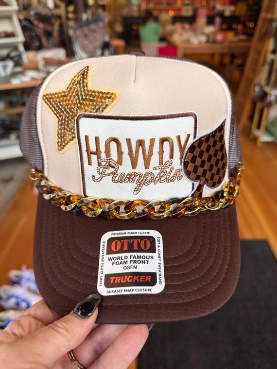 Howdy Pumpkin Trucker Hat, Fall Western Patch Cap With Chain  display picture 1