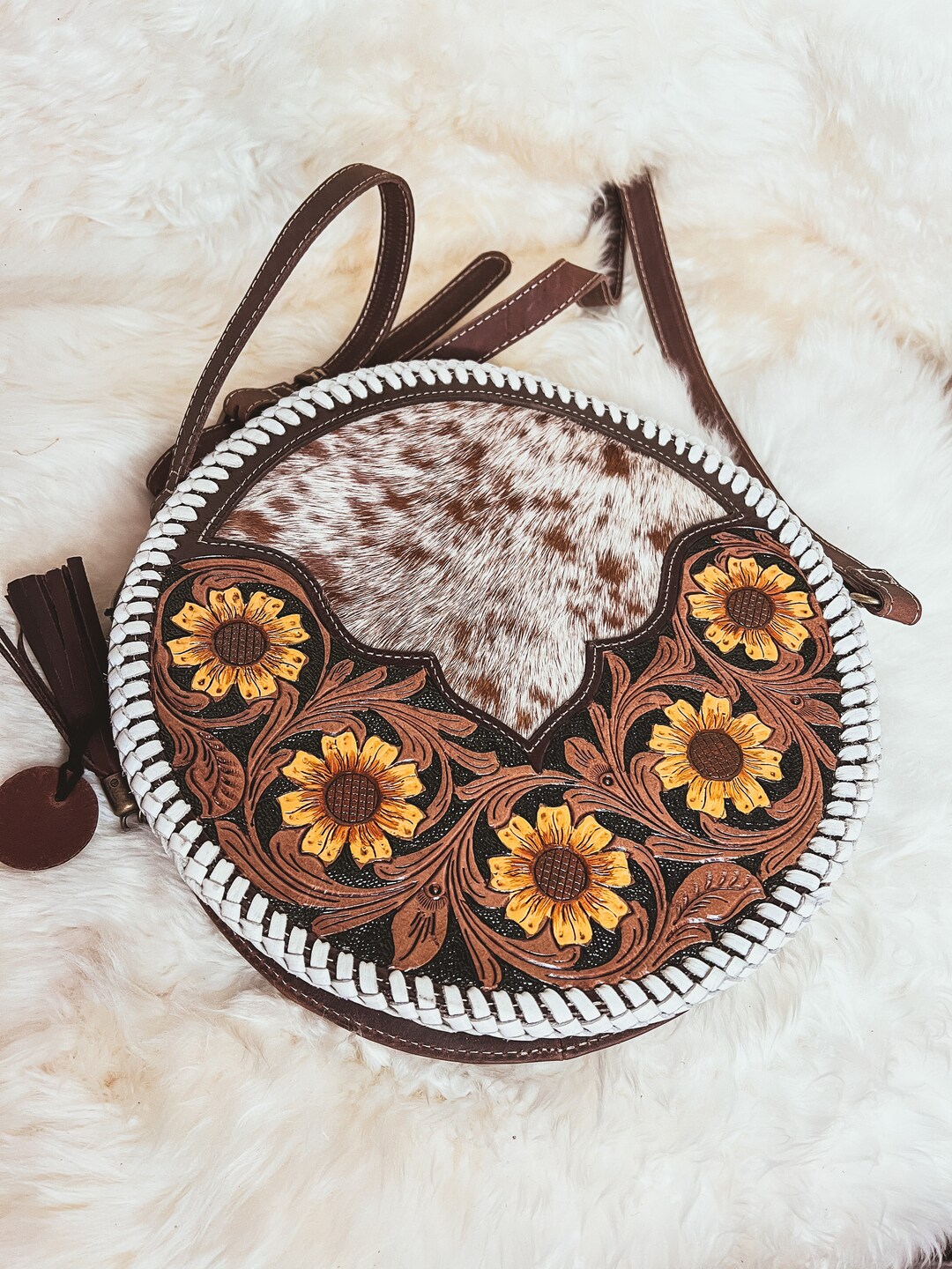 Custom Branded Cowhide Tooled Leather Western Daisy With White
