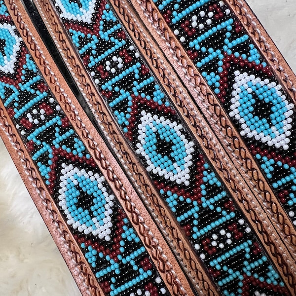 Western Seed Bead Aztec Yellow, Turquoise, Red, Leather Western style Dog Collar, Show Dog, Farm Dog, Cow Dog, Cattle Dog