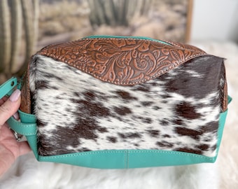 Custom Western Branded Cowhide Tooled Leather Cosmetic Shave Bag Iniciales Monogram Farm o Cow Brand Turquoise Travel Organizer Kit Case