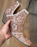 Gorgeous Hand Tooled Leather Bootie Ankle Boots in White Chocolate, Boots, Ankle Boot, Bootie, Slip On Shoe Cowgirl Boots Size 6 7 8 9 10 11