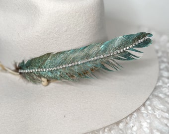 Hand Painted Rhinestone Glitter Turquoise Hat Feather Accessory Cowgirl Hat Decoration