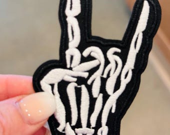 Skeleton Rock On Hand Sign Embroidered Iron On Patch